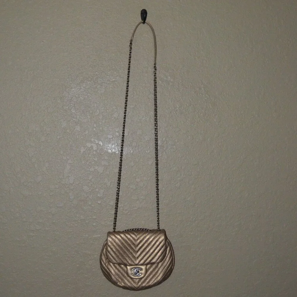 Chanel Bronze Leather Mini Chevron Messenger Shoulder Crossbody Handbag